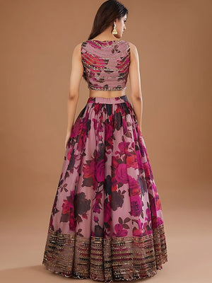 Rajwada Purple Organza Printed Semi-Stitched lehenga For Women