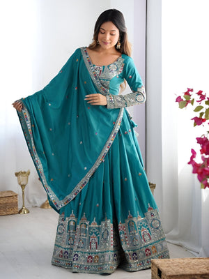 Rajwada Blue Silk Blend Embroidered Semi-Stitched lehenga For Women