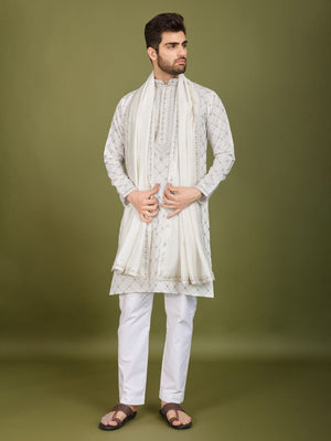 Rajwada White Viscose Silk Embellished Stitched Kurta For Men