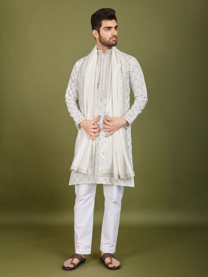 Rajwada White Viscose Silk Embellished Stitched Kurta For Men