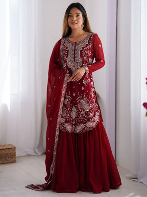 Rajwada Red Georgette Embroidered Stitched Kurta Set For Women