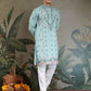Rajwada Sky Blue Viscose Silk Embroidered Stitched Kurta For Men