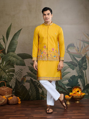 Rajwada Yellow Cotton Blend Embroidered Stitched Kurta For Men