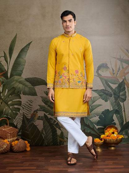 Rajwada Yellow Cotton Blend Embroidered Stitched Kurta For Men