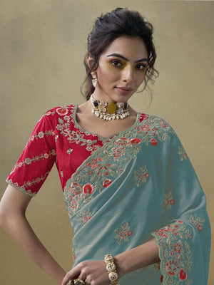 Rajwada Light Blue Georgette Embroidered Elegant Saree For Women