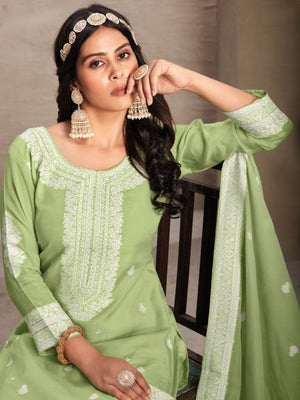 Rajwada Green Organza Embroidered Semi-Stitched Kurta Set For Women