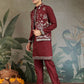 Rajwada Maroon Viscose Silk Embroidered Stitched Kurta Set For Men