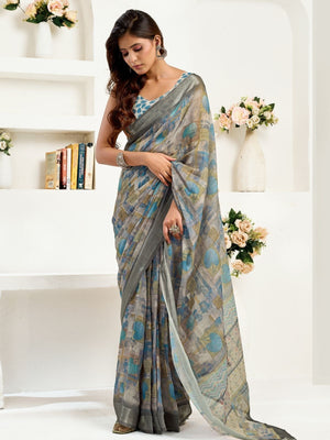 Rajwada Grey Cotton Linen Zari Work Saree For Women