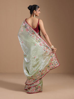 Rajwada Pastel Green Organza Embroidered Solid Saree For Women