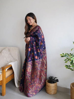 Rajwada Navy Blue Silk Blend Woven Saree For Women