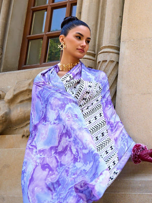 Rajwada White Satin Printed Saree With Unstitched Blouse For Women