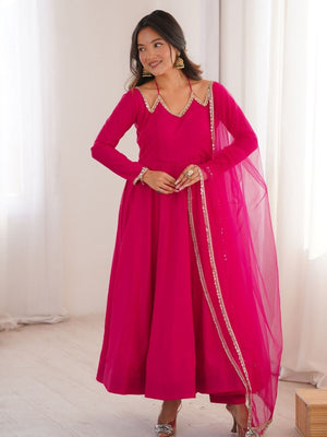 Rajwada Dark Pink Silk Blend Embellished Kurta Set For Women