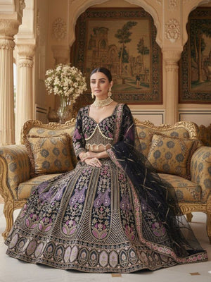 Rajwada Black Silk Blend Embellished Semi Stitched Lehenga For Women