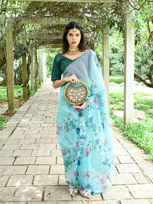 Rajwada Women Blue Organza Floral Print Saree With Unstitched Blouse