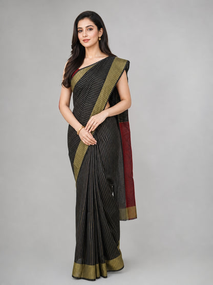 Black Silk Blend Striped Saree
