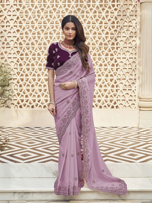 Rajwada Lavender Georgette Embroidered Elegant Saree For Women