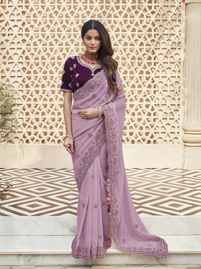 Rajwada Lavender Georgette Embroidered Elegant Saree For Women