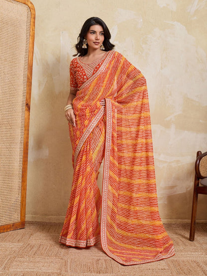 Rajwada Orange Georgette Printed Saree For Women