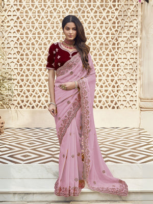 Rajwada Light Pink Georgette Embroidered Elegant Saree For Women