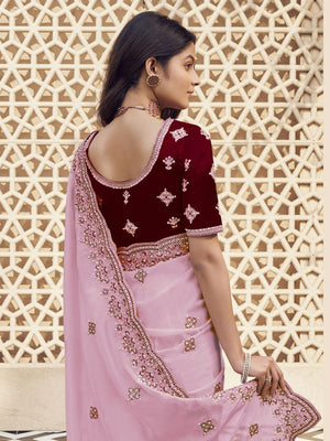 Rajwada Light Pink Georgette Embroidered Elegant Saree For Women
