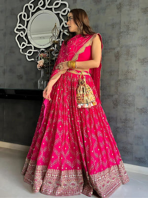 Rajwada Pink Georgette Embellished Semi-Stitched lehenga For Women
