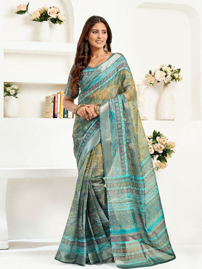 Rajwada Blue Cotton Linen Zari Work Saree For Women