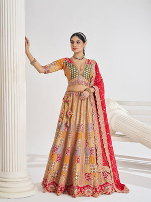 Rajwada Multicolor Silk Blend Embroidered Semi-Stitched Lehenga For Women