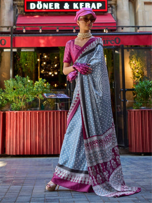 Rajwada Grey  Satin Printed Saree With Unstitched Blouse For Women
