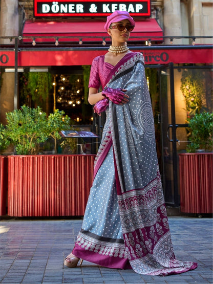 Rajwada Grey  Satin Printed Saree With Unstitched Blouse For Women
