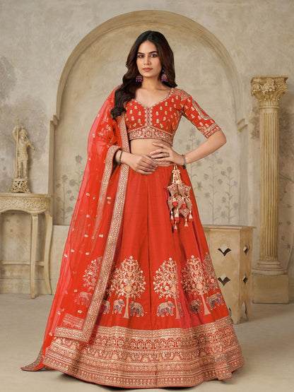 Rajwada Orange Silk Blend Embroidered Semi-Stitched Lehenga For Women