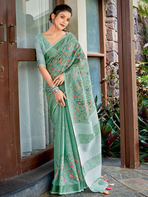 Rajwada Teal Green Cotton Linen Striped Saree For Women