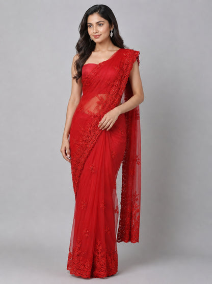 Red Net Embroidered Saree