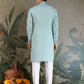 Rajwada Sky Blue Viscose Silk Embroidered Stitched Kurta For Men