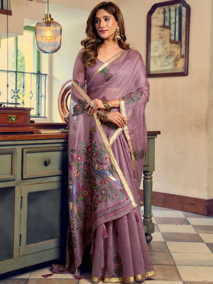 Rajwada Mauve Cotton Blend Solid Saree For Women