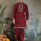Rajwada Maroon Viscose Silk Embroidered Stitched Kurta Set For Men