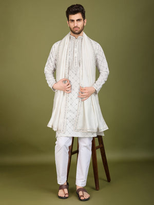 Rajwada White Viscose Silk Embellished Stitched Kurta For Men