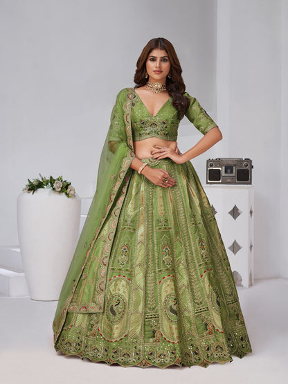 Rajwada Green Silk Blend Embroidered Semi-Stitched Lehenga For Women
