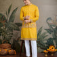 Rajwada Yellow Cotton Blend Embroidered Stitched Kurta For Men