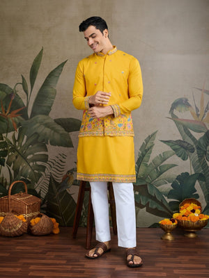 Rajwada Yellow Cotton Blend Embroidered Stitched Kurta For Men