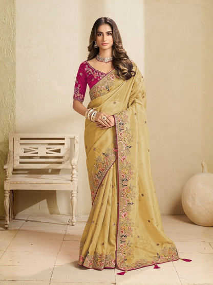 Rajwada Yellow Satin Embroidered Saree For Women