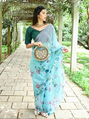 Rajwada Women Blue Organza Floral Print Saree With Unstitched Blouse