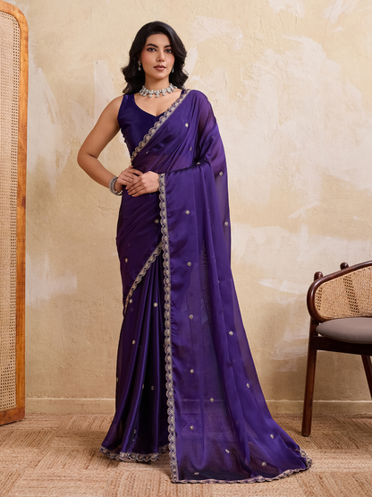 Rajwada Purple Silk Blend Embroidered Saree For Women