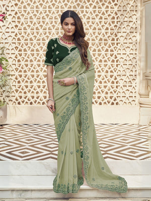 Rajwada Light Green Georgette Embroidered Elegant Saree For Women