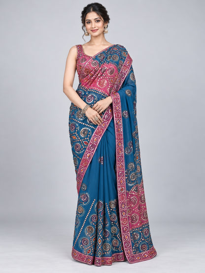 Teal Blue Georgette Embellished Saree