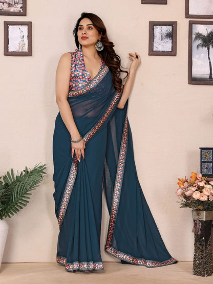 Rajwada Teal Blue Georgette Embroidered Saree For Women