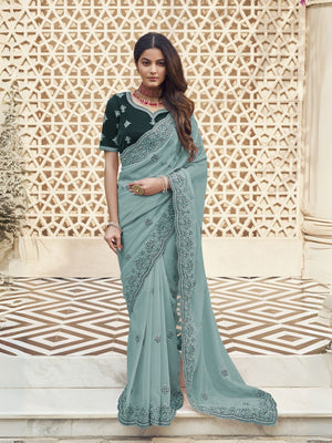Rajwada Light Teal Georgette Embroidered Elegant Saree For Women