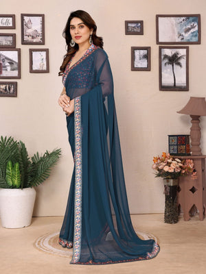 Rajwada Teal Blue Georgette Embroidered Saree For Women