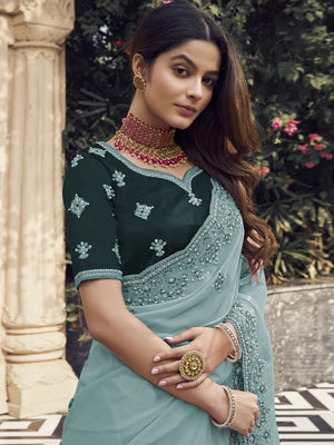 Rajwada Light Teal Georgette Embroidered Elegant Saree For Women