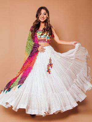 Rajwada White Georgette Printed Semi-Stitched lehenga For Women