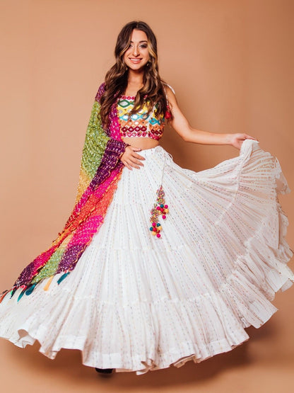 Rajwada White Georgette Printed Semi-Stitched lehenga For Women